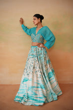 Load image into Gallery viewer, Sky blue embroidered blouse and tie and dye lehenga