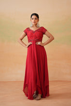 Load image into Gallery viewer, Red embroidered handkerchief anarkali, churidar and choker dupatta