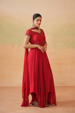 Load image into Gallery viewer, Red embroidered handkerchief anarkali, churidar and choker dupatta
