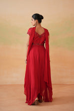 Load image into Gallery viewer, Red embroidered handkerchief anarkali, churidar and choker dupatta