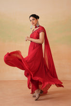 Load image into Gallery viewer, Red embroidered handkerchief anarkali, churidar and choker dupatta