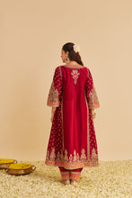 Load image into Gallery viewer, Zoya - Dabka Zardozi Embroidered Rich Banarasi Kalidaar Deep Red Long Chauga Set