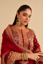 Load image into Gallery viewer, Zoya - Dabka Zardozi Embroidered Rich Banarasi Kalidaar Deep Red Long Chauga Set