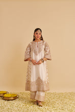 Load image into Gallery viewer, Aqsha - Dabka Zardozi Embroidered Rich Banarasi Daisy Ivory Long Chauga & Palazzo with Dupatta