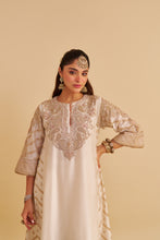 Load image into Gallery viewer, Aqsha - Dabka Zardozi Embroidered Rich Banarasi Daisy Ivory Long Chauga & Palazzo with Dupatta