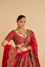 Load image into Gallery viewer, Mahanoor - Dabka Zardozi Embroidered Pure Silk Red Bridal Lehenga Set