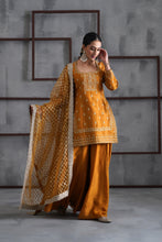 Load image into Gallery viewer, Mustard embroidered kurti, Sharara and dupatta