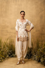 Load image into Gallery viewer, Ivory hand embroidered modal satin suit set with net dupatta