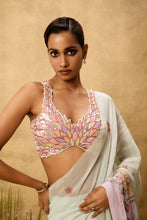 Load image into Gallery viewer, Pastel mint green lilac ombré Pre-stitched hand embroidered organza saree set