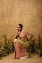 Load image into Gallery viewer, Pastel green & pink ombre Pre-stitched hand embroidered georgette saree set