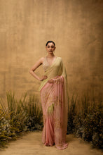 Load image into Gallery viewer, Pastel green & pink ombre Pre-stitched hand embroidered georgette saree set