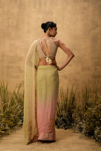 Load image into Gallery viewer, Pastel green & pink ombre Pre-stitched hand embroidered georgette saree set
