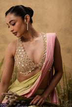 Load image into Gallery viewer, Pastel green & pink ombre pre-draped modal satin saree with embroidered blouse