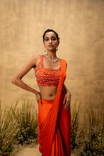 Load image into Gallery viewer, Bright Orange pre-draped modal satin saree with embroidered blouse