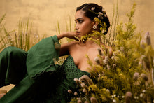Load image into Gallery viewer, Emerald green hand embroidered chanderi silk suit set with organza dupatta
