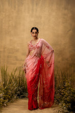 Load image into Gallery viewer, Pink ombre Pre-stitched hand embroidered organza saree set