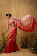 Load image into Gallery viewer, Pink ombre Pre-stitched hand embroidered organza saree set