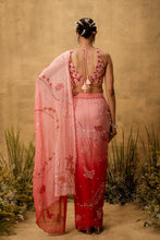 Load image into Gallery viewer, Pink ombre Pre-stitched hand embroidered organza saree set