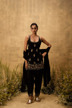Load image into Gallery viewer, Black hand embroidered chanderi silk suit set with organza dupatta