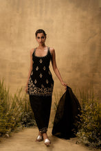 Load image into Gallery viewer, Black hand embroidered chanderi silk suit set with organza dupatta