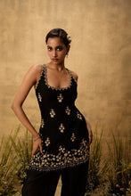 Load image into Gallery viewer, Black hand embroidered chanderi silk suit set with organza dupatta