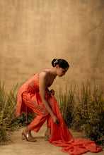 Load image into Gallery viewer, Bright orange hand embroidered chanderi silk suit set with organza dupatta