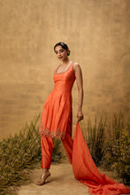 Load image into Gallery viewer, Bright orange hand embroidered chanderi silk suit set with organza dupatta