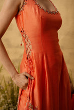 Load image into Gallery viewer, Bright orange hand embroidered chanderi silk suit set with organza dupatta