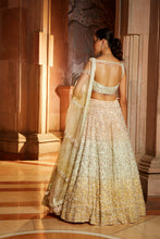 Load image into Gallery viewer, TRIPPLE COLOUR SHADED ORGANZA LEHENGA CHOLI DUPATTA SET WITH OPTIONAL VEIL