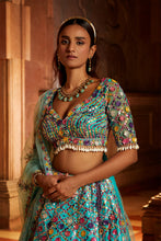 Load image into Gallery viewer, VIBRANT AQUA TAFETTA LEHENGA CHOLI WITH TULLE DUPATTA