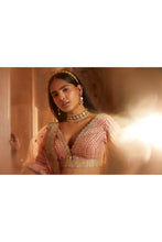 Load image into Gallery viewer, PEACH TAFETTA LEHENGA CHOLI WITH A WORKED BELT AND TULLE DUPATTA