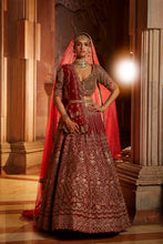 Load image into Gallery viewer, BLOOD RED RAW SILK LEHENGA CHOLI AND BELT WITH TULLE DUPATTA WITH AN OPTIONAL LIGHTER SECOND DUPATTA