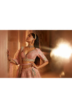 Load image into Gallery viewer, PEACH TAFETTA LEHENGA CHOLI WITH A WORKED BELT AND TULLE DUPATTA
