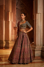 Load image into Gallery viewer, WINE TAFETTA LEHENGA AND BELT WITH NAVY CHOLI AND WINE TISSUE DUPATTA