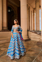 Load image into Gallery viewer, PEACOCK BLUE TAFETTA LEHENGA CHOLI WITH A TULLE DUPATTA AND BELT