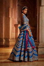 Load image into Gallery viewer, PEACOCK BLUE TAFETTA LEHENGA CHOLI WITH A TULLE DUPATTA AND BELT