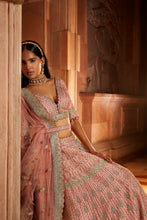 Load image into Gallery viewer, PEACH TAFETTA LEHENGA CHOLI WITH A WORKED BELT AND TULLE DUPATTA