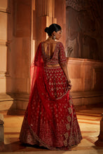Load image into Gallery viewer, BLOOD RED RAW SILK BRIDAL LEHENGA CHOLI SET WITH TULLE DUPATTA