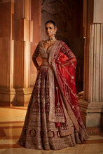 Load image into Gallery viewer, MAROON RAW SILK LEHENGA CHOLI AND WORKED BELT WITH TULLE DUPATTA