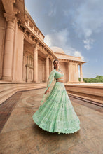 Load image into Gallery viewer, VIBRANT MINT GREEN TULLE LEHENGA CHOLI DUPATAA WITH A WORKED BELT
