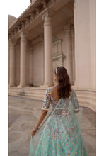 Load image into Gallery viewer, VIBRANT AQUA TAFETTA LEHENGA CHOLI WITH TULLE DUPATTA