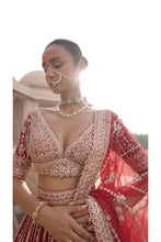 Load image into Gallery viewer, MAROON RAW SILK LEHENGA CHOLI AND WORKED BELT WITH TULLE DUPATTA