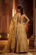 Load image into Gallery viewer, GOLD ORGANZA LEHENGA CHOLI DUPATTA WITH WORKED BELT