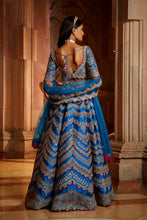 Load image into Gallery viewer, PEACOCK BLUE TAFETTA LEHENGA CHOLI WITH A TULLE DUPATTA AND BELT