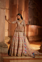 Load image into Gallery viewer, BLUSH PINK RAW SILK LEHENG WITH A PEPLUM TOP AND TULLE DUPATTA