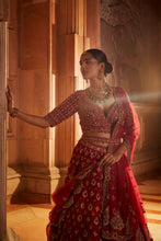 Load image into Gallery viewer, BLOOD RED RAW SILK BRIDAL LEHENGA CHOLI SET WITH TULLE DUPATTA