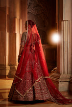 Load image into Gallery viewer, BLOOD RED RAW SILK LEHENGA CHOLI AND BELT WITH TULLE DUPATTA WITH AN OPTIONAL LIGHTER SECOND DUPATTA