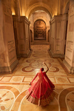 Load image into Gallery viewer, DEEP RED RAW SILK LEHENGA WITH GOLD CHOLI AND TULLE DUPATTA
