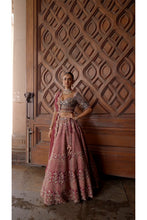 Load image into Gallery viewer, WINE TAFETTA LEHENGA AND BELT WITH NAVY CHOLI AND WINE TISSUE DUPATTA
