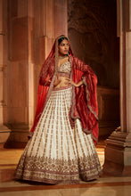 Load image into Gallery viewer, IVORY TAFETTA BRIDAL LEHEHENGA CHOLI SET WITH RED DUPATTA